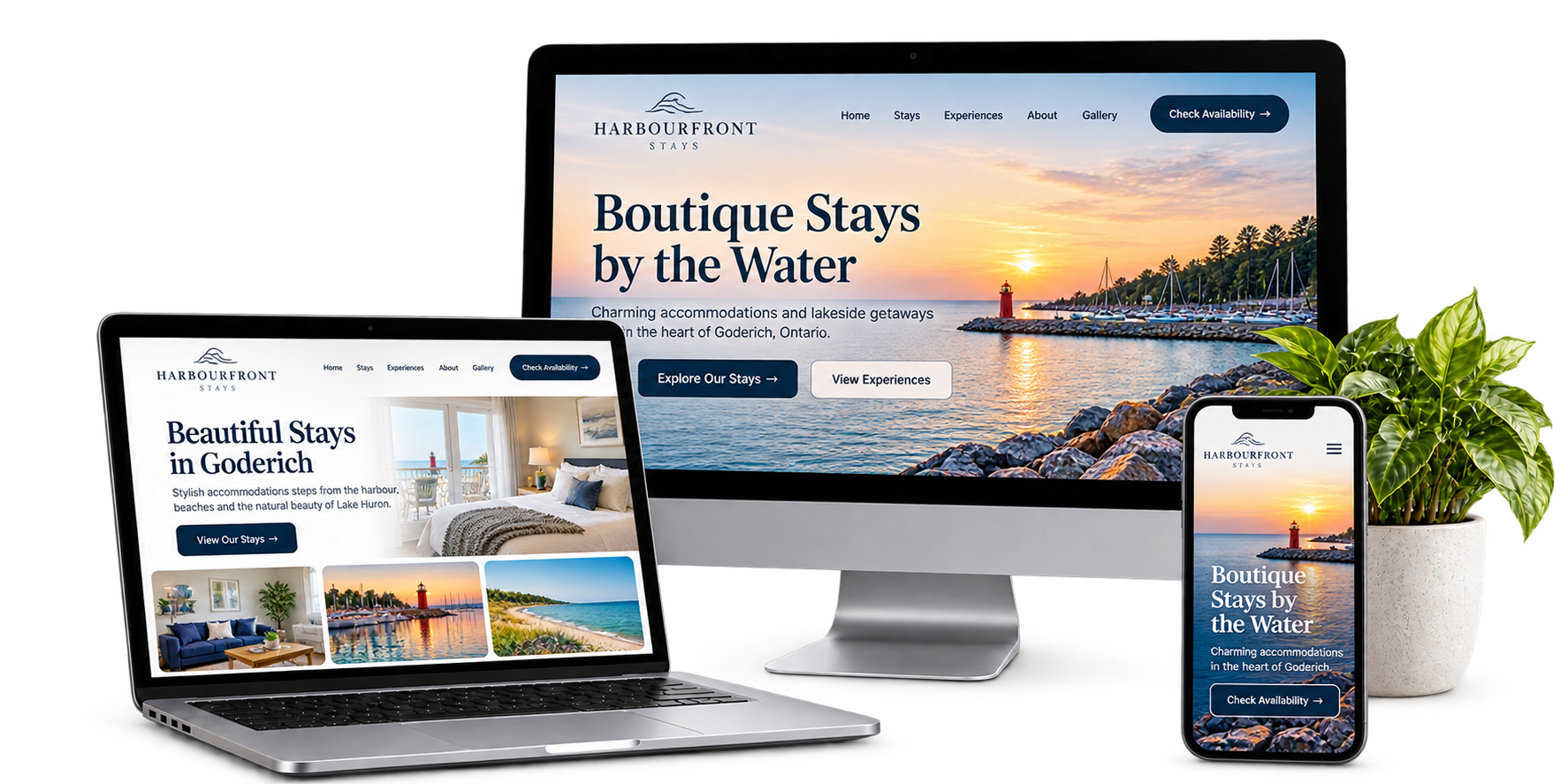 Harbourfront Stays fictional Goderich accommodation website concept shown across desktop laptop and mobile devices