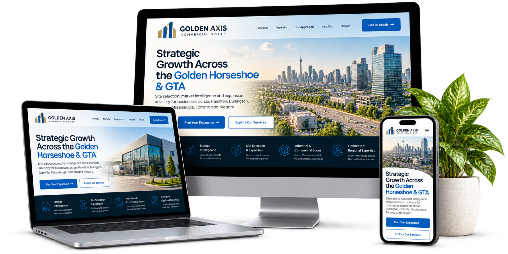 Golden Axis Commercial Group fictional regional commercial advisory website concept shown across desktop laptop and mobile devices