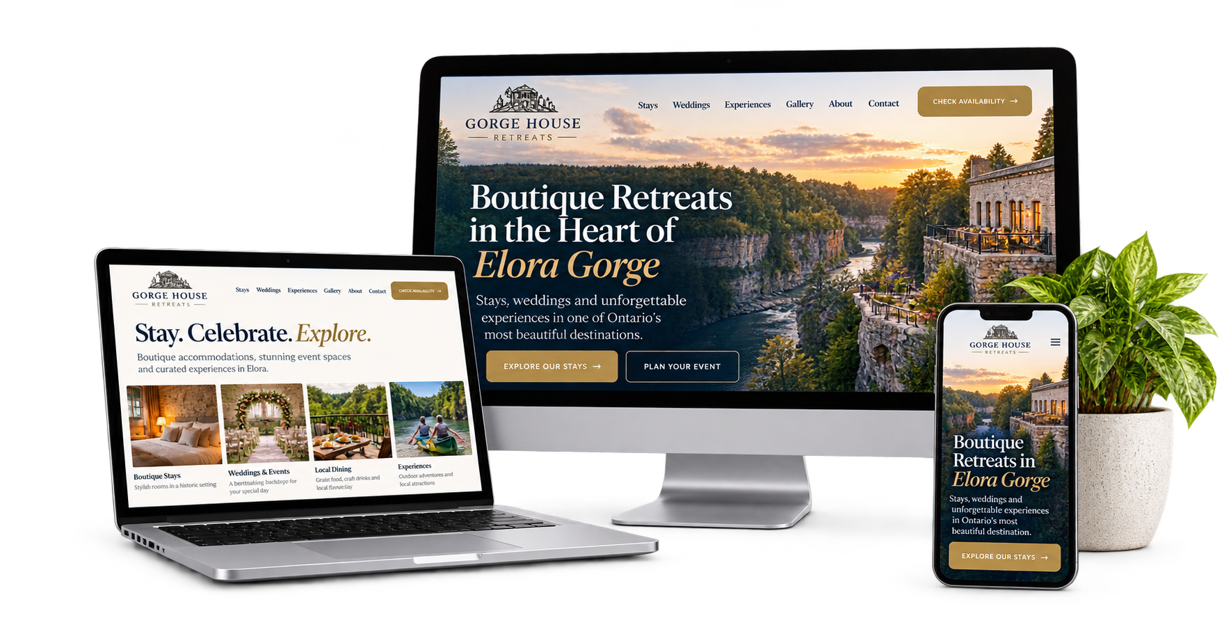 Gorge House Retreats fictional Elora boutique retreat website concept shown across desktop laptop and mobile devices
