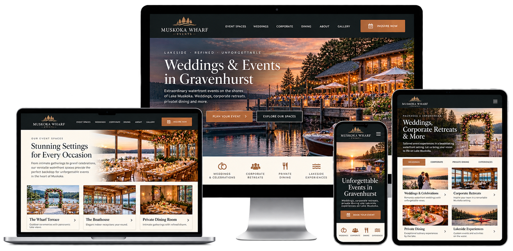 Fictional Gravenhurst business website shown across desktop laptop tablet and mobile devices