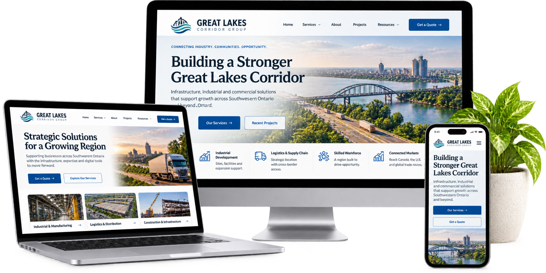 Great Lakes Corridor Group fictional Southwestern Ontario regional website concept shown across desktop laptop and mobile devices