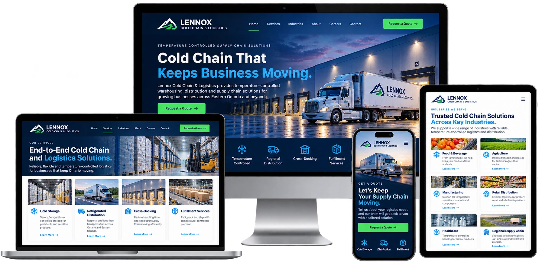Lennox Cold Chain and Logistics fictional Greater Napanee logistics website shown across desktop laptop tablet and mobile devices