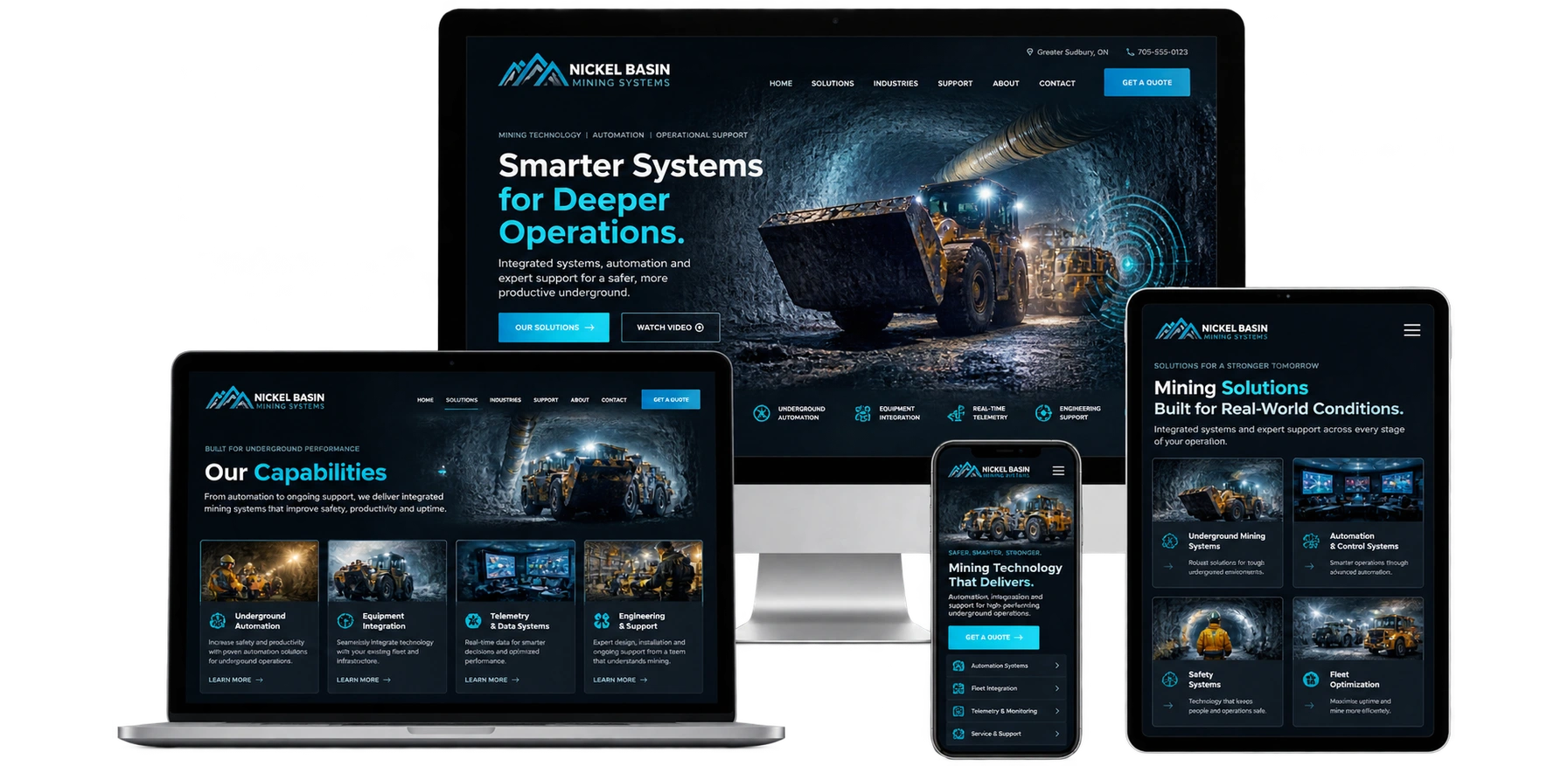 Nickel Basin Mining Systems fictional Greater Sudbury mining technology website shown across desktop laptop tablet and mobile devices
