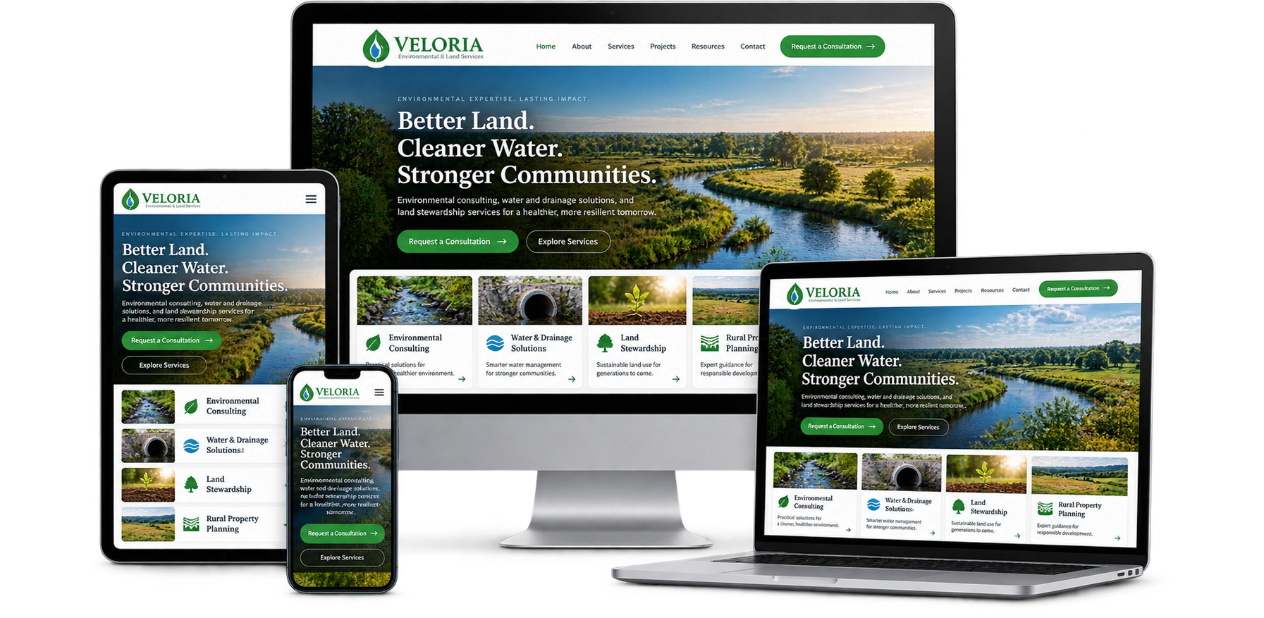 Veloria Environmental & Land Services fictional Guelph/Eramosa website shown across desktop laptop tablet and mobile devices