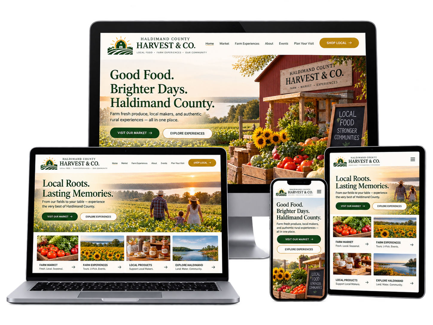 Haldimand County Harvest and Co fictional farm market website shown across desktop tablet and mobile devices