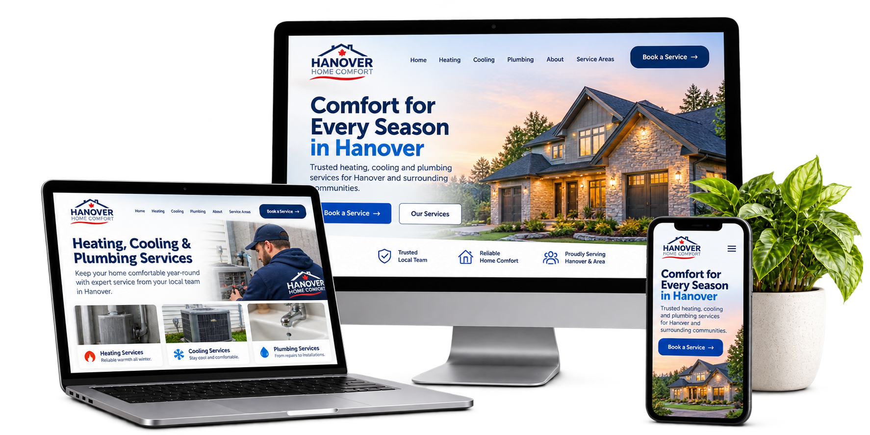 Hanover Home Comfort fictional heating cooling and plumbing website concept shown across desktop laptop and mobile devices