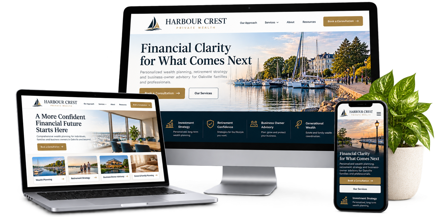 Harbour Crest Private Wealth fictional Oakville professional services website concept shown across desktop laptop and mobile devices