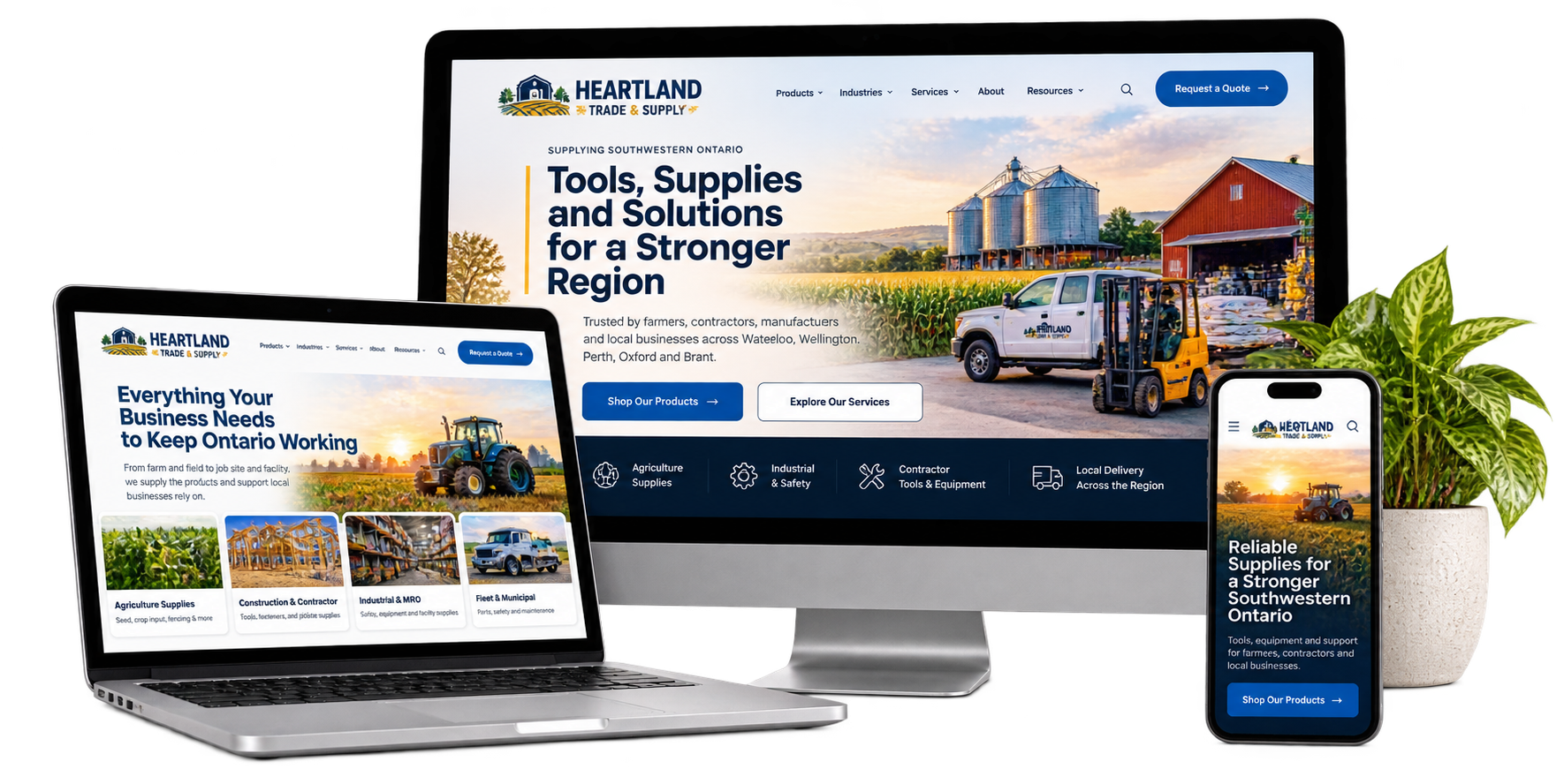 Heartland Trade and Supply fictional regional business website concept shown across desktop laptop and mobile devices