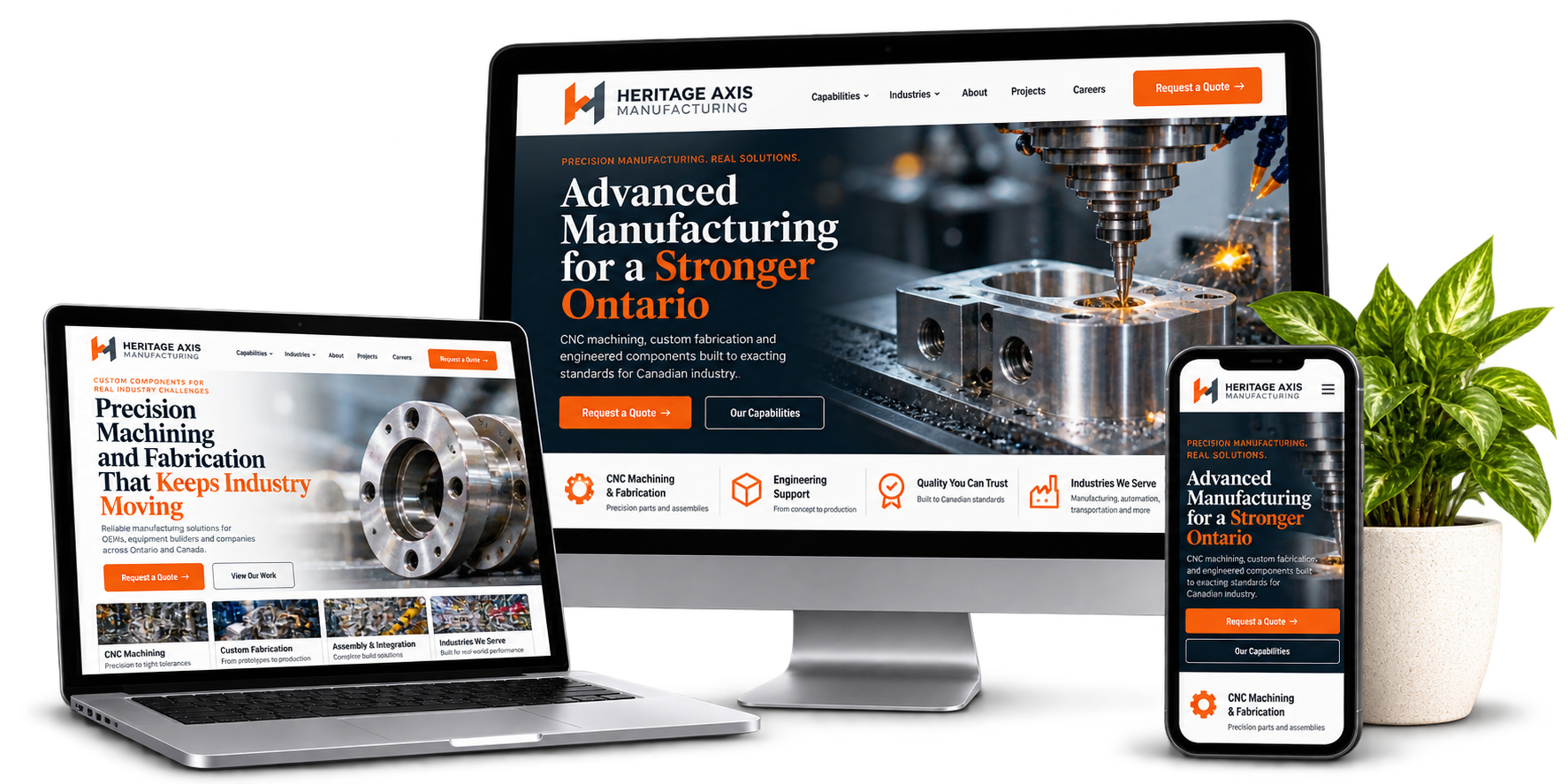 Heritage Axis Manufacturing fictional Cambridge industrial website concept shown across desktop laptop and mobile devices
