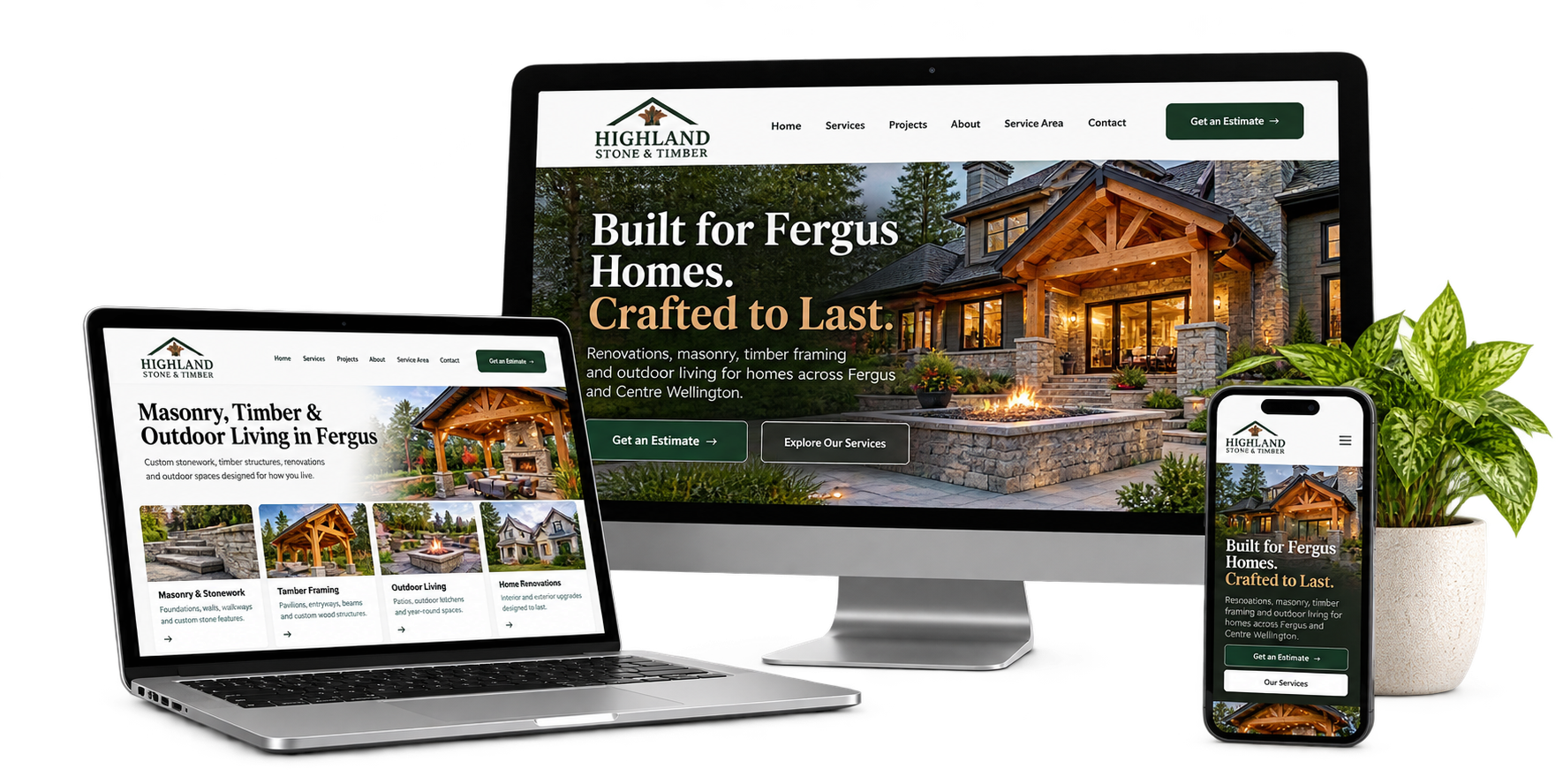 Highland Stone and Timber fictional Fergus renovation and outdoor living website concept shown across desktop laptop and mobile devices