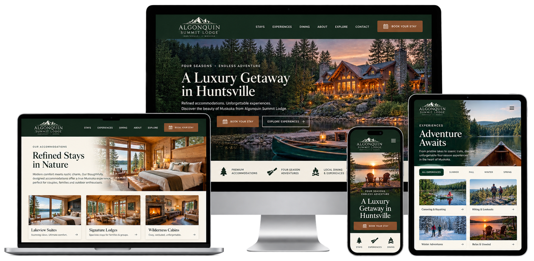 Fictional Huntsville business website shown across desktop laptop tablet and mobile devices