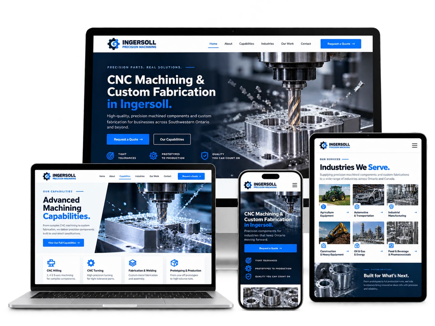 Ingersoll Precision Machining fictional manufacturing website shown across desktop, laptop, tablet and mobile devices
