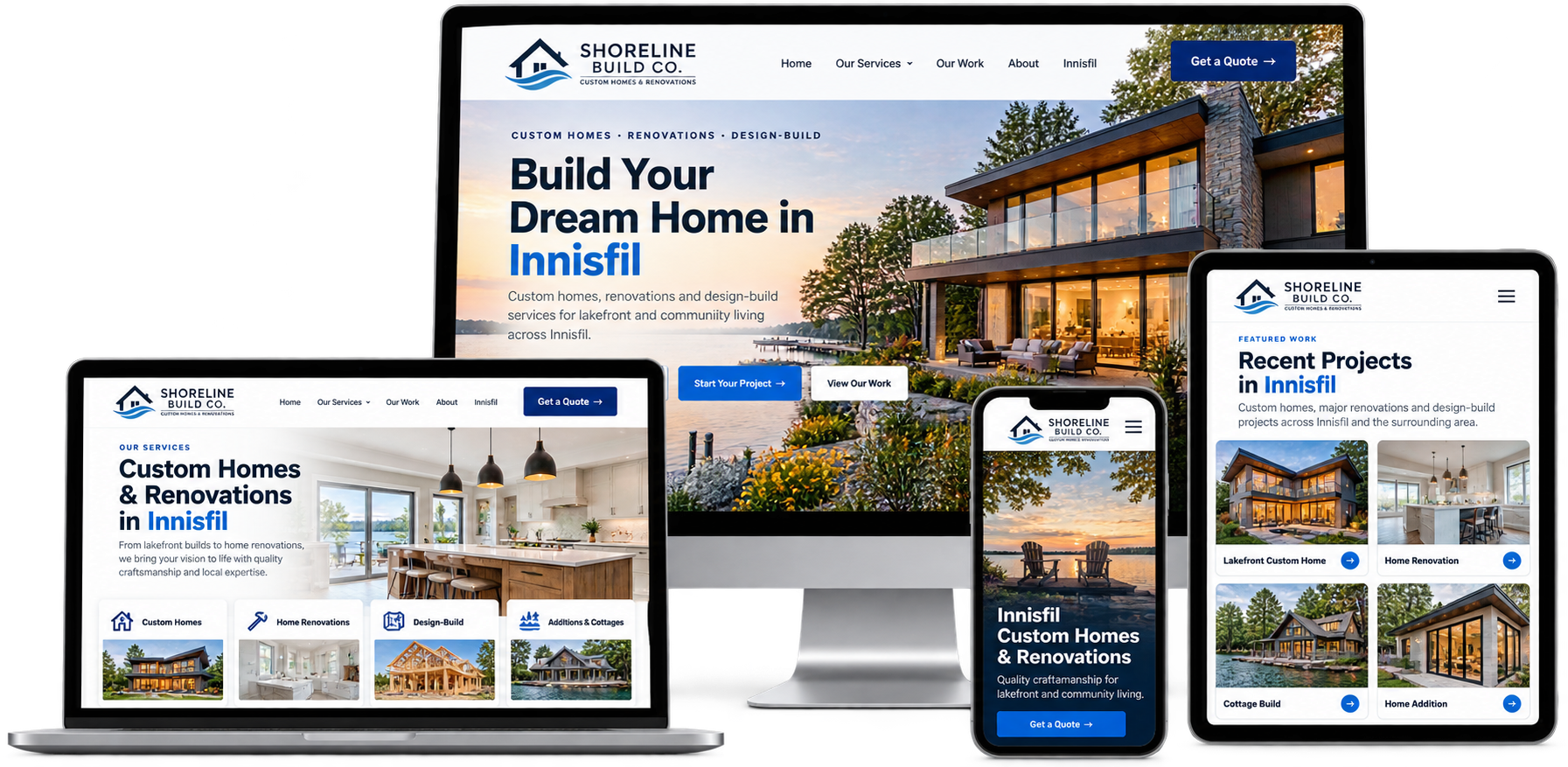 Shoreline Build Co fictional Innisfil custom home website shown across desktop laptop tablet and mobile devices