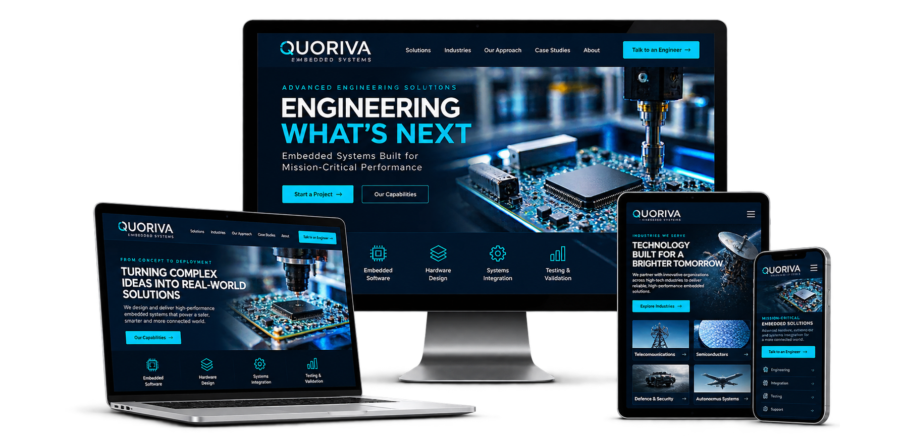 Quoriva Embedded Systems fictional Kanata technology website concept shown across desktop laptop tablet and mobile devices