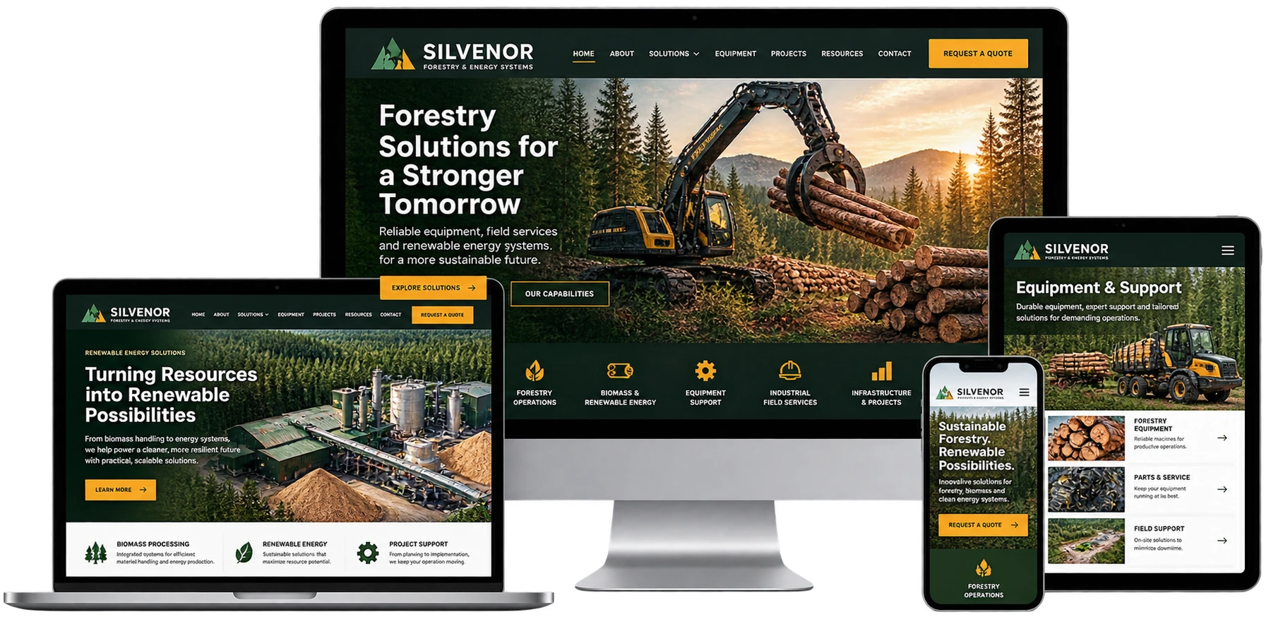 Silvenor Forestry and Energy Systems fictional Kapuskasing forestry website shown across desktop laptop tablet and mobile devices