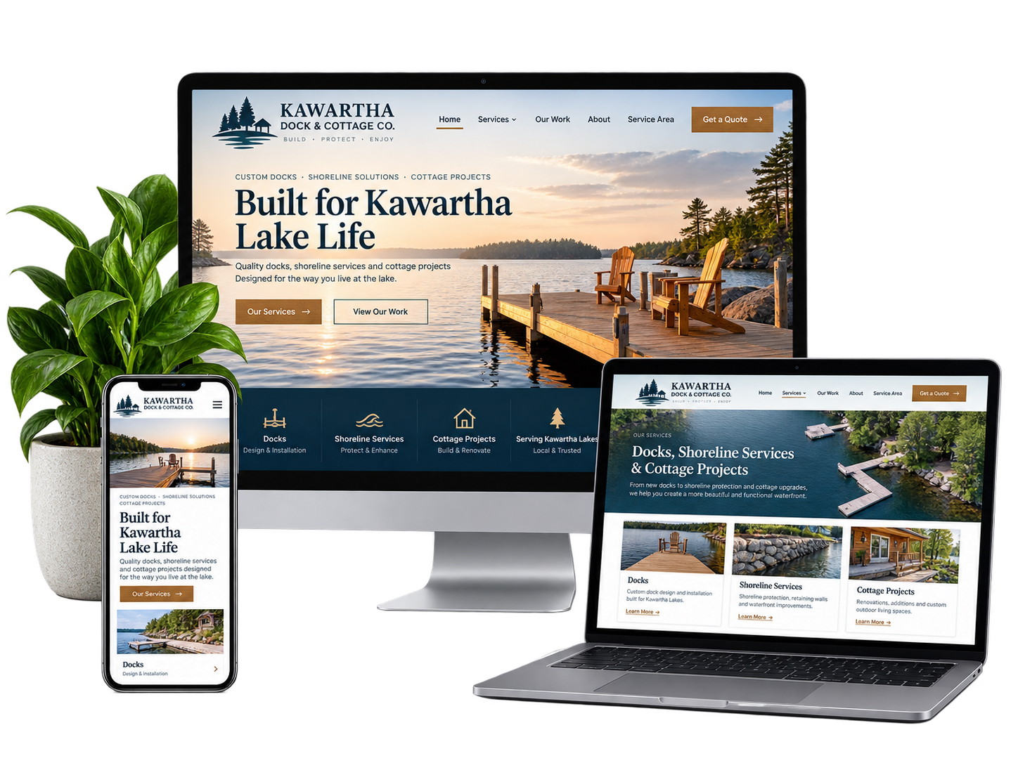 Kawartha Dock and Cottage Co fictional Kawartha Lakes website shown across desktop laptop and mobile devices