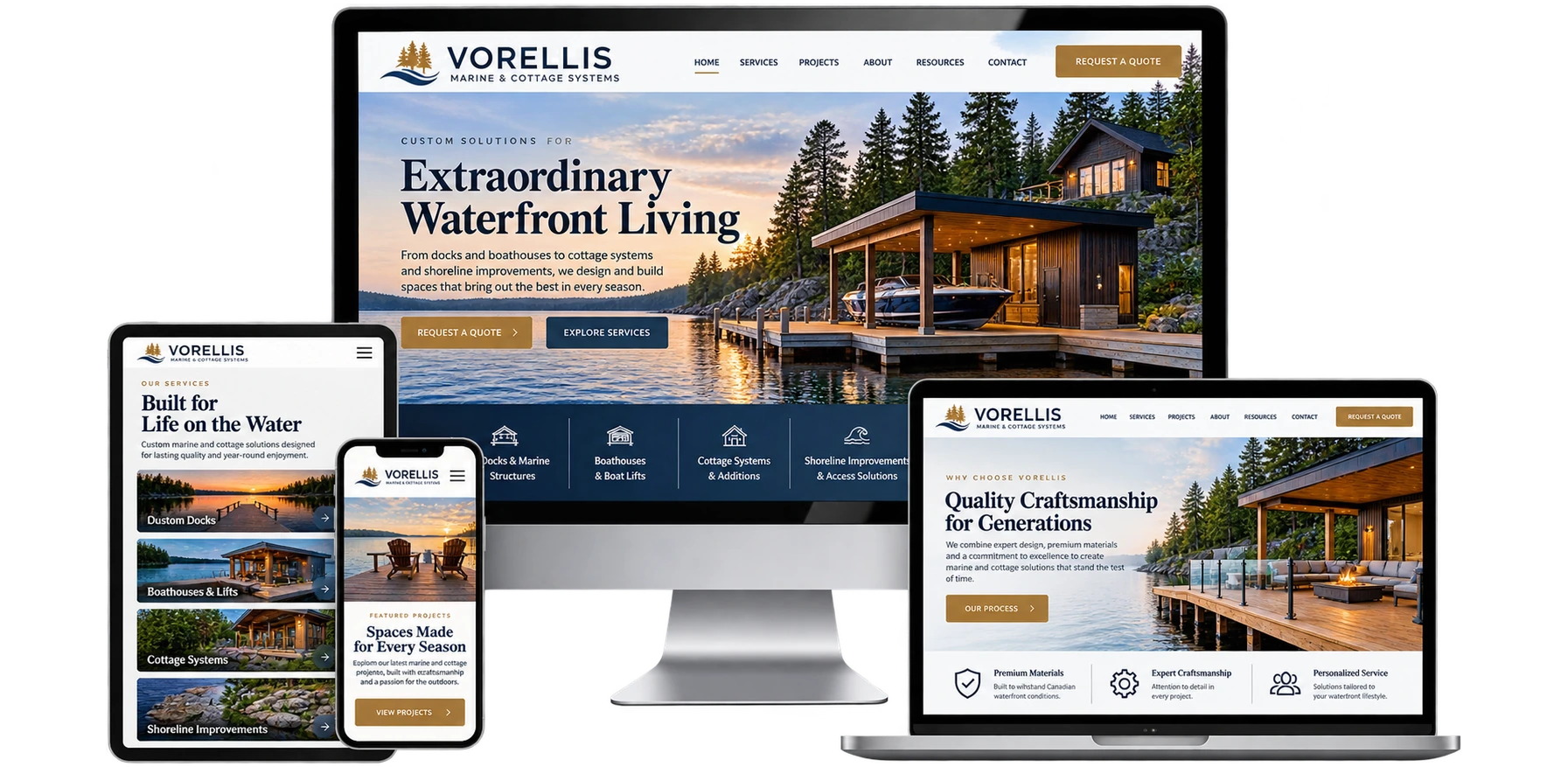 Vorellis Marine and Cottage Systems fictional Kenora waterfront services website shown across desktop laptop tablet and mobile devices