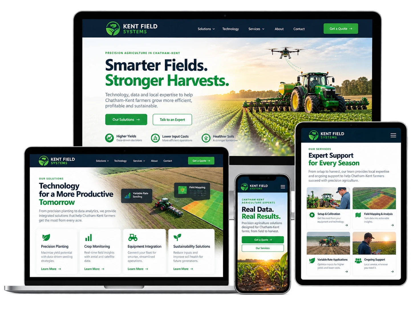 Kent Field Systems fictional precision agriculture website shown across desktop, laptop, tablet and mobile devices