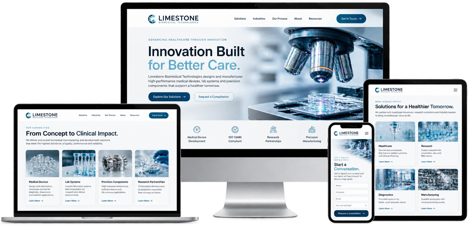 Limestone Biomedical Technologies fictional Kingston biomedical website shown across desktop laptop tablet and mobile devices