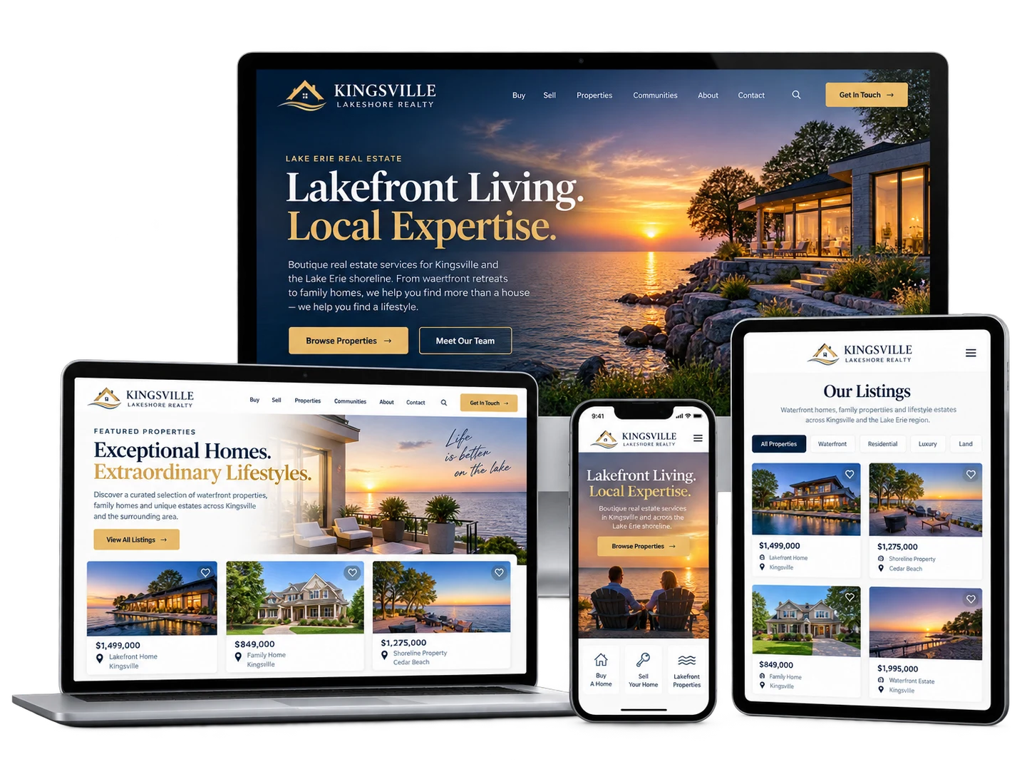 Kingsville Lakeshore Realty fictional lakefront real estate website shown across desktop, laptop, tablet and mobile devices