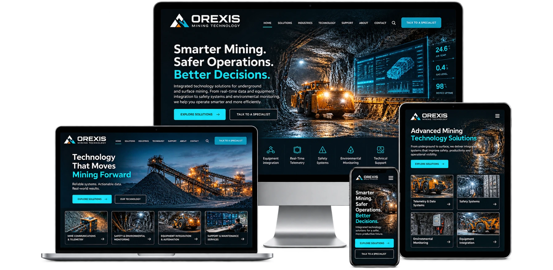 Orexis Mining Technology fictional Kirkland Lake mining systems website shown across desktop laptop tablet and mobile devices