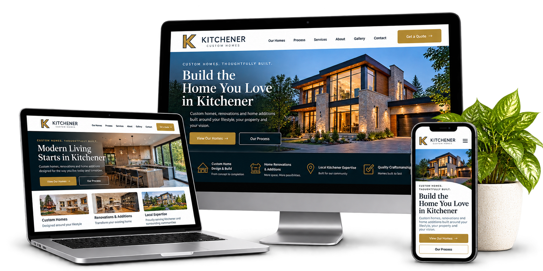Kitchener Custom Homes fictional website concept shown across desktop laptop and mobile devices