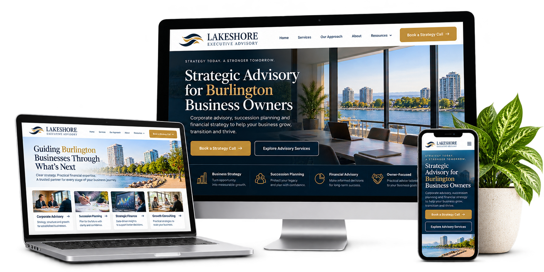 Lakeshore Executive Advisory fictional Burlington professional services website concept shown across desktop laptop and mobile devices
