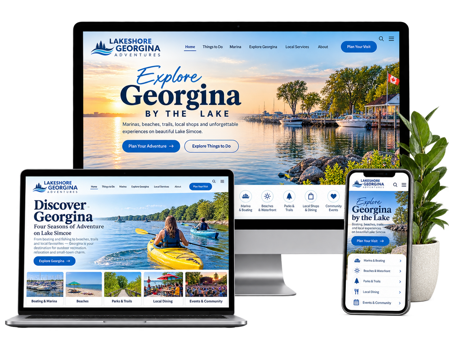 Lakeshore Georgina Adventures fictional Georgina tourism website concept shown across desktop laptop and mobile devices