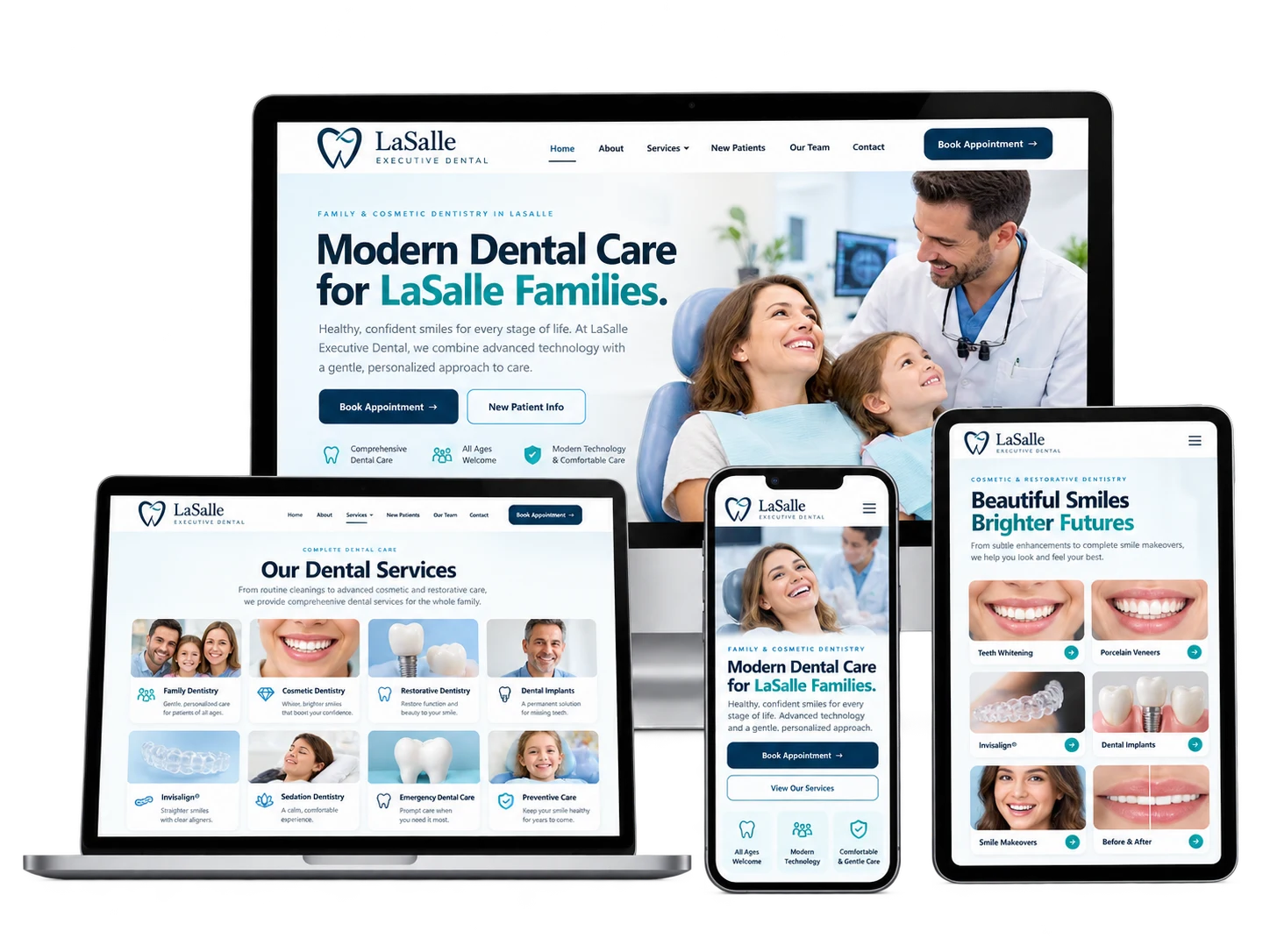 LaSalle Executive Dental fictional family and cosmetic dentistry website shown across desktop, laptop, tablet and mobile devices