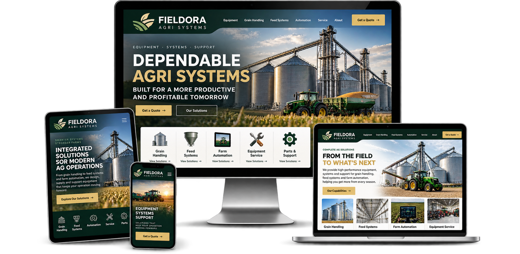 Fieldora Agri Systems fictional Listowel agriculture website concept shown across desktop laptop tablet and mobile devices
