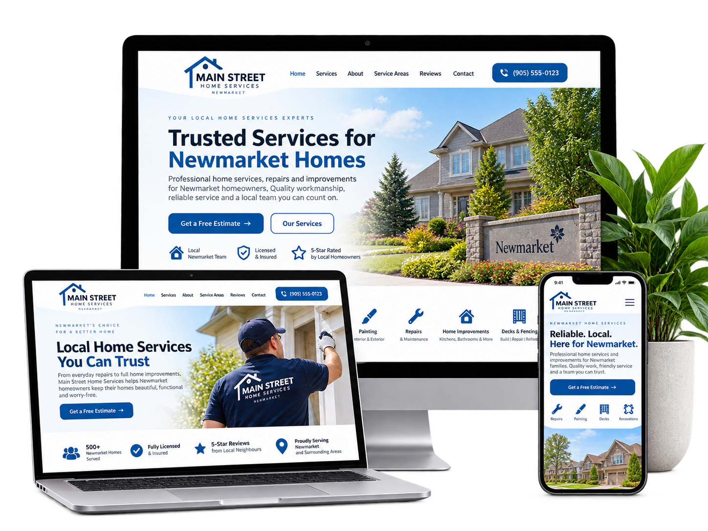 Main Street Home Services fictional Newmarket home services website concept shown across desktop laptop and mobile devices