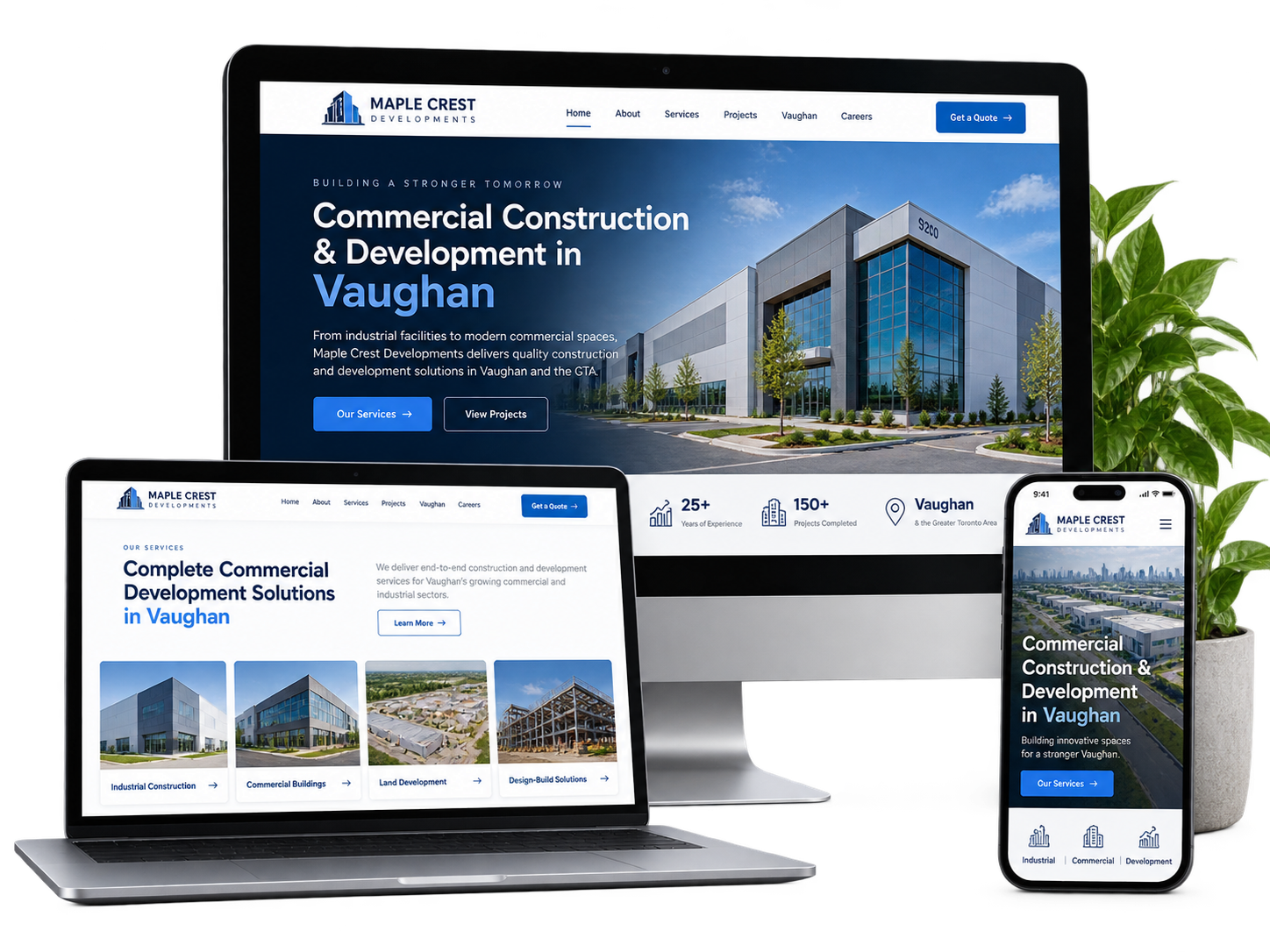 Maple Crest Developments fictional Vaughan commercial construction website concept shown across desktop laptop and mobile devices