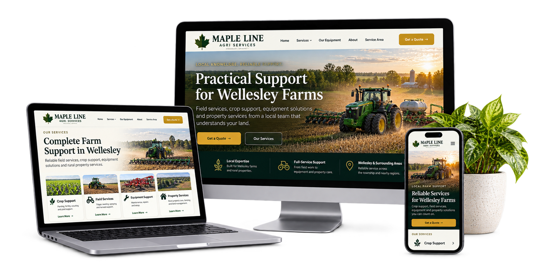 Maple Line Agri Services fictional Wellesley agricultural services website concept shown across desktop laptop and mobile devices