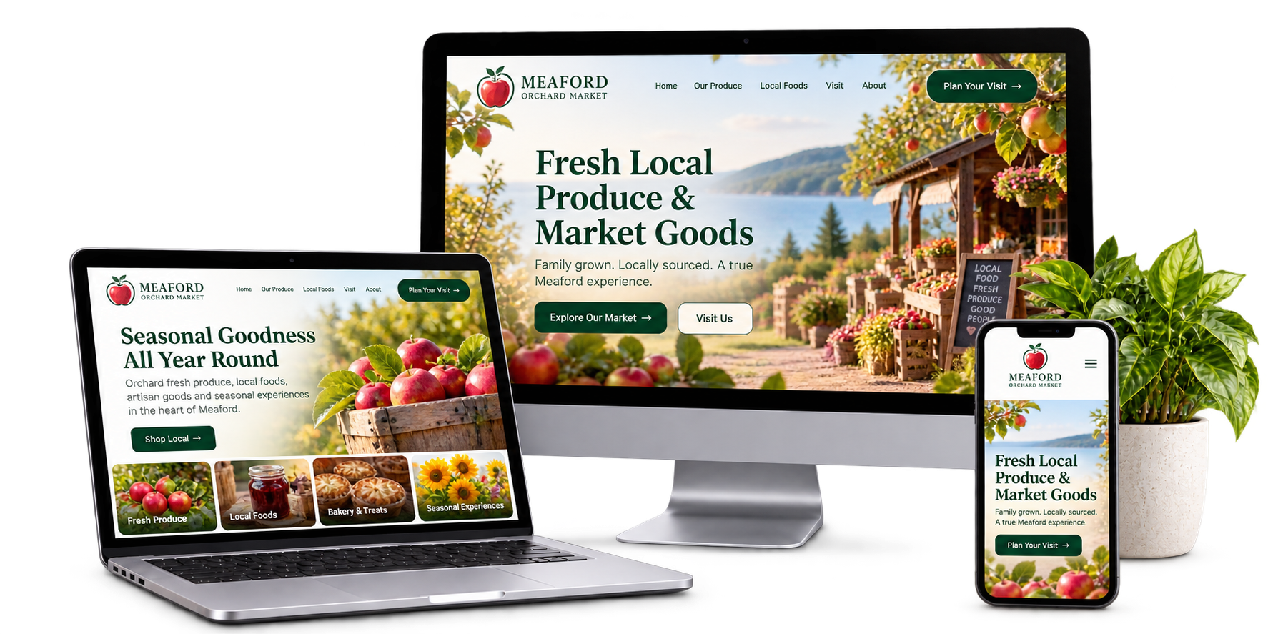 Meaford Orchard Market fictional local food and farm market website concept shown across desktop laptop and mobile devices