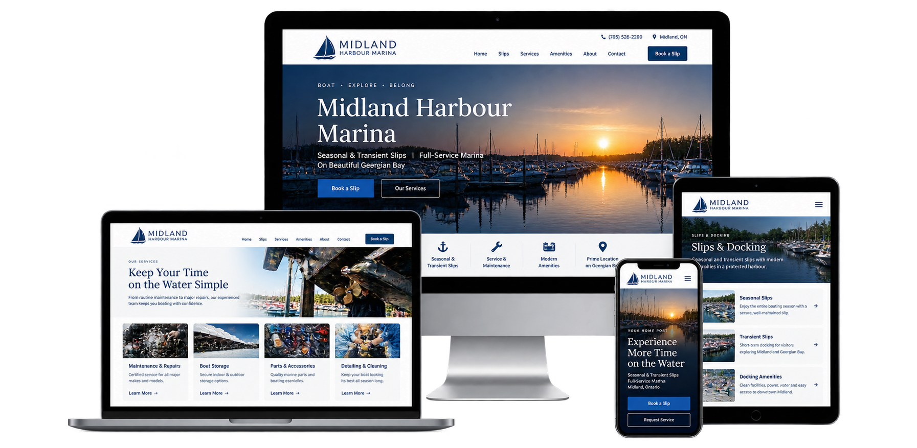 Fictional Midland home and cottage construction website shown across desktop laptop tablet and mobile devices
