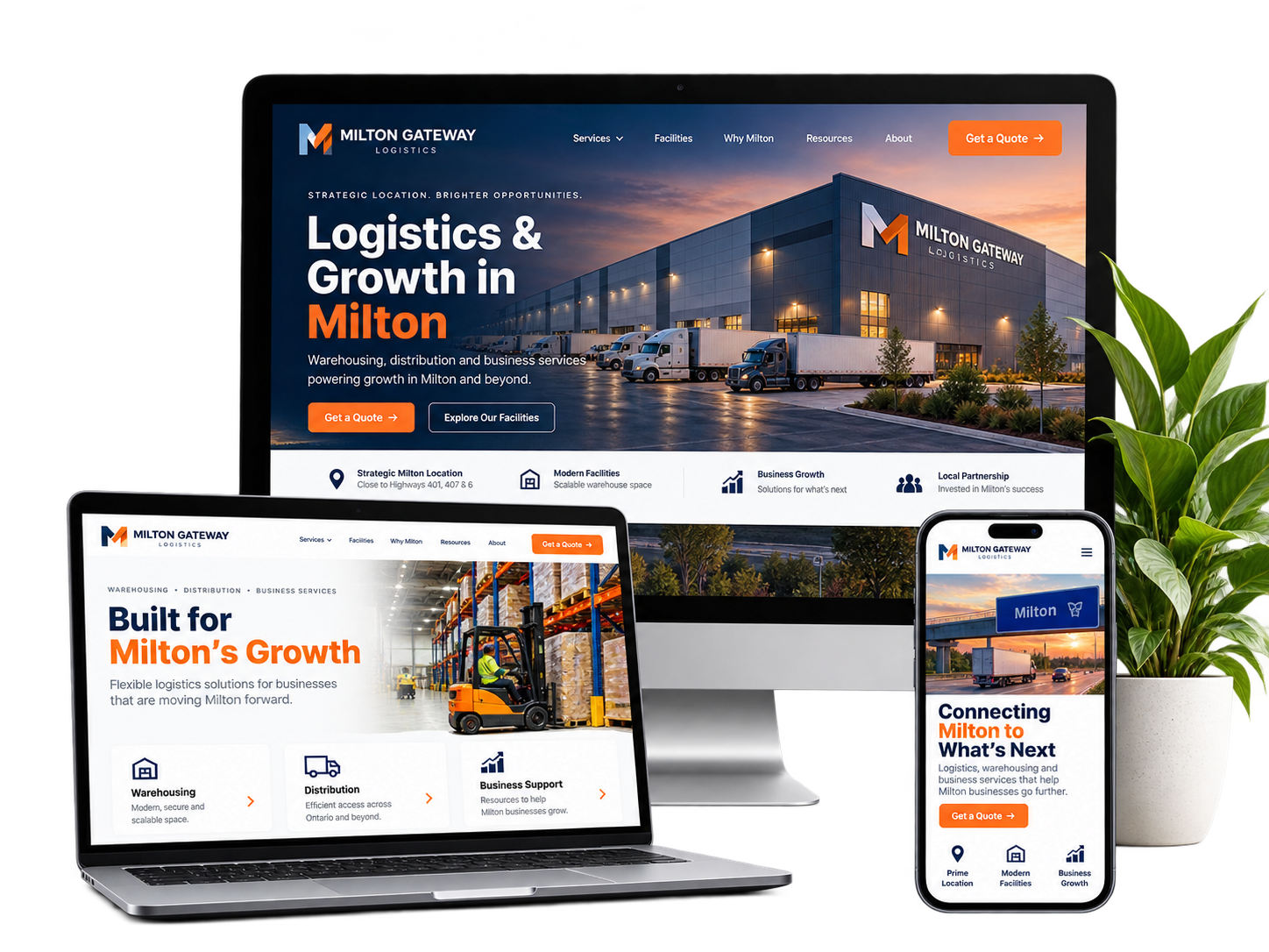 Milton Gateway Logistics fictional Milton logistics website concept shown across desktop laptop and mobile devices