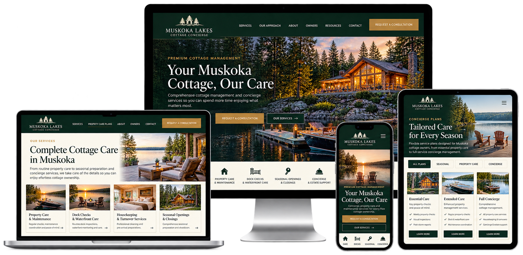 Fictional Muskoka Lakes business website shown across desktop laptop tablet and mobile devices