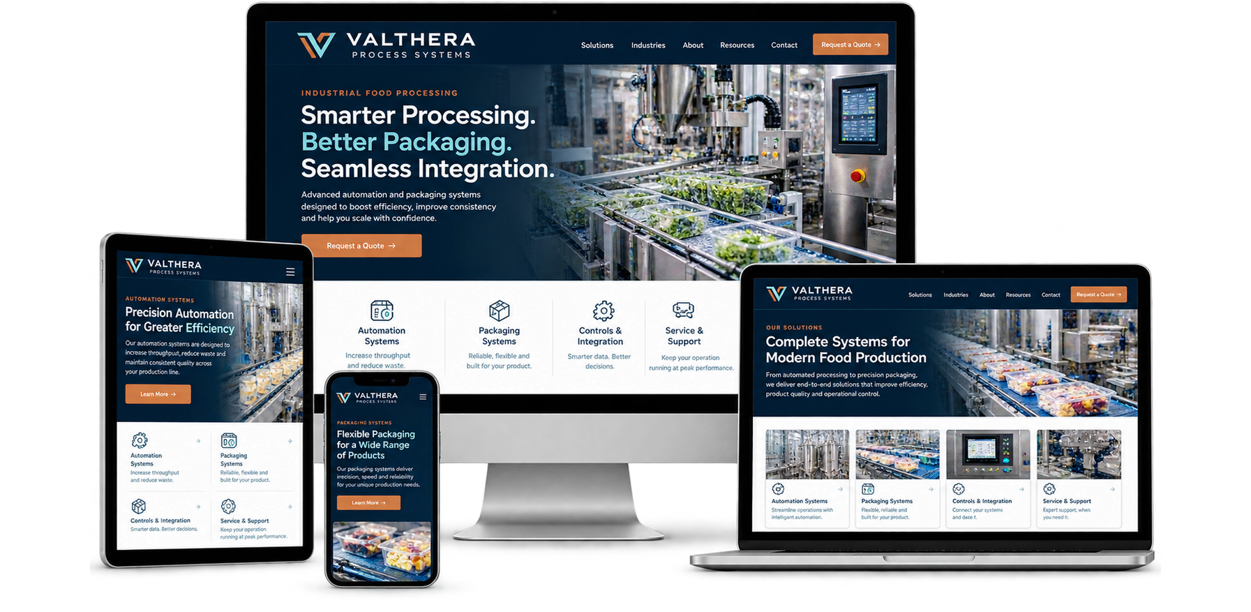 Valthera Process Systems fictional New Hamburg industrial automation website concept shown across desktop laptop tablet and mobile devices