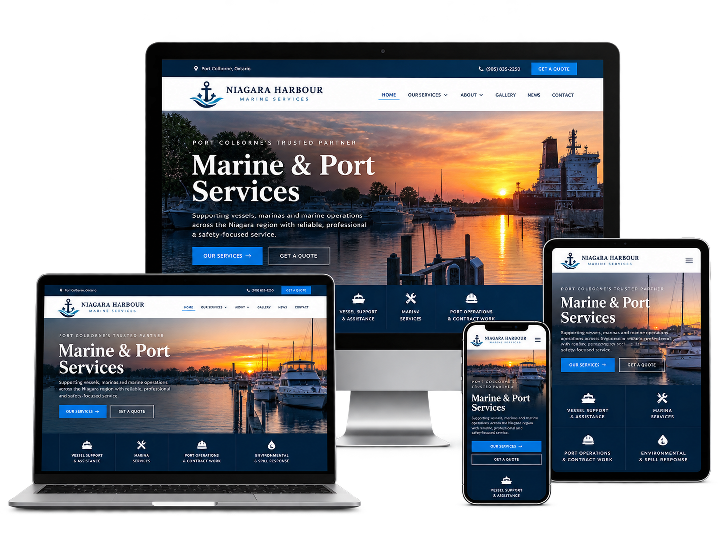 Niagara Harbour Marine Services fictional Port Colborne marine services website shown across desktop tablet and mobile devices