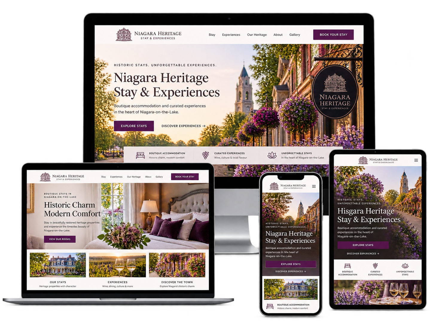Niagara Heritage Stay and Experiences fictional Niagara-on-the-Lake tourism website shown across desktop tablet and mobile devices