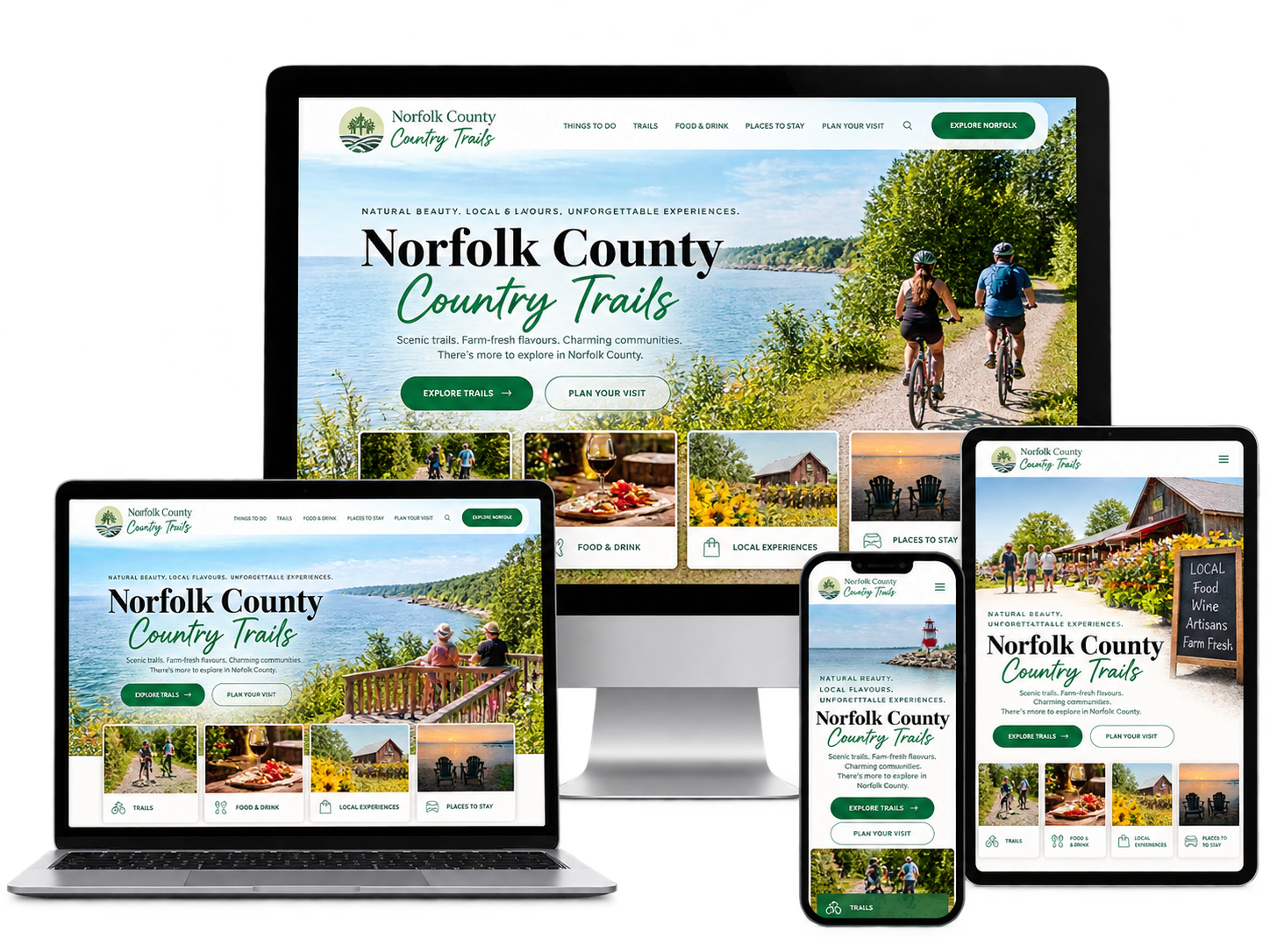 Norfolk County Country Trails fictional tourism website shown across desktop tablet and mobile devices