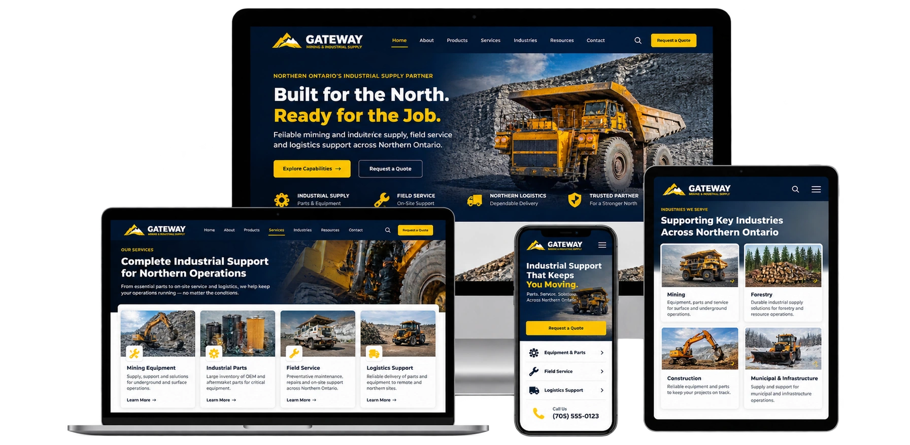 Gateway Mining and Industrial Supply fictional North Bay industrial website shown across desktop laptop tablet and mobile devices
