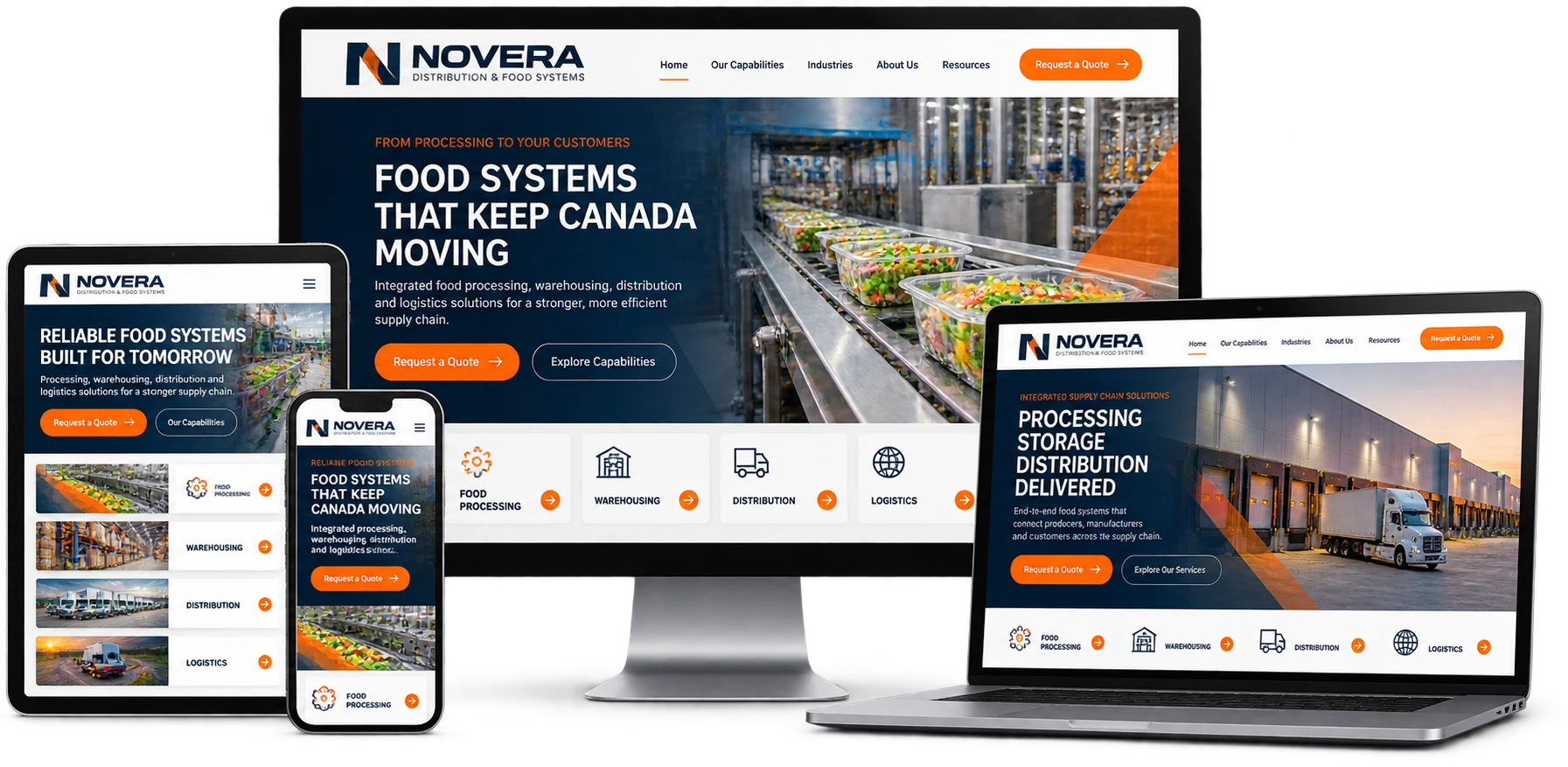 Novera Distribution & Food Systems fictional North Dumfries website shown across desktop laptop tablet and mobile devices