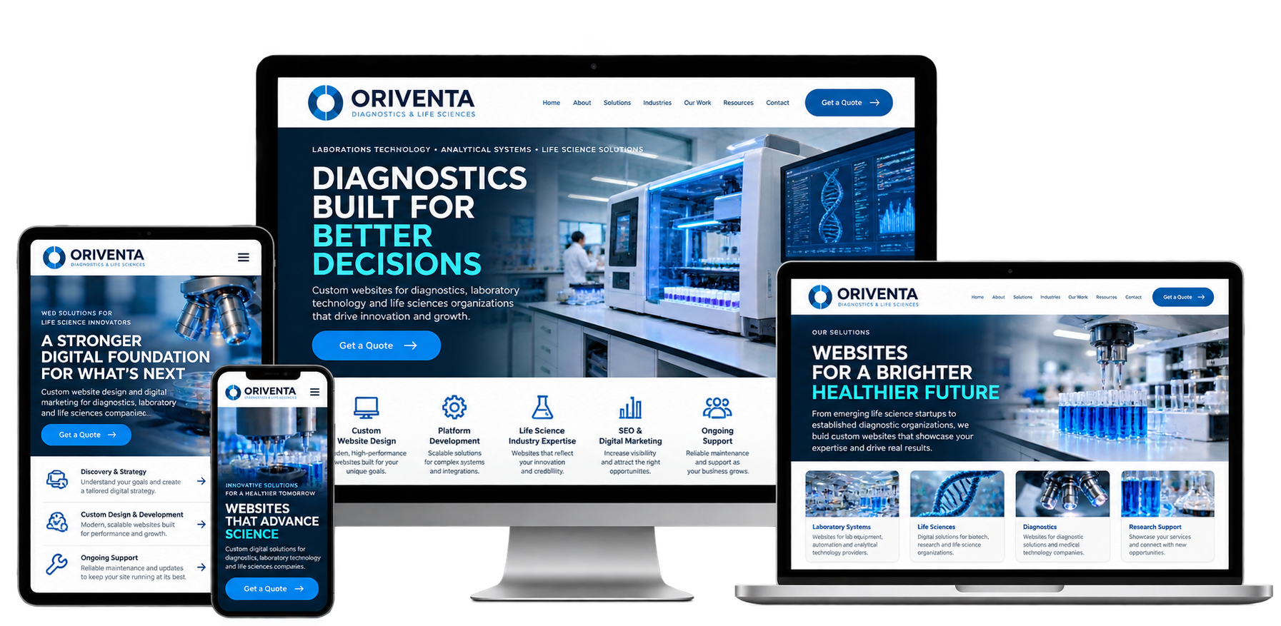 Oriventa Diagnostics and Life Sciences fictional website concept for North York shown across desktop laptop tablet and mobile devices