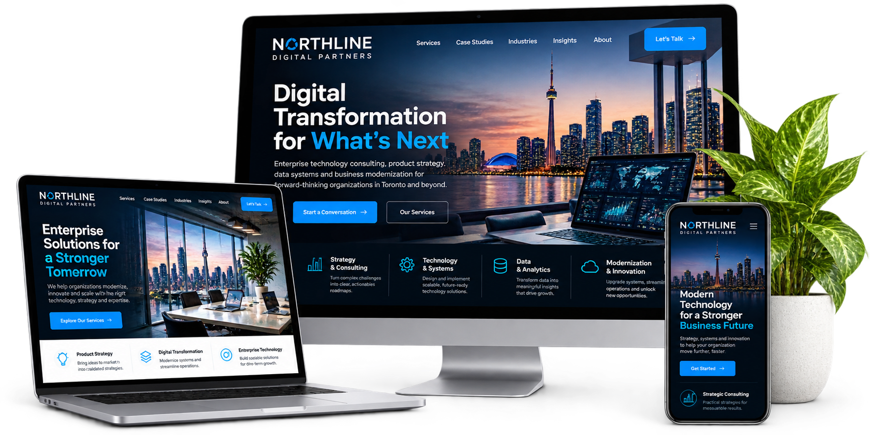 Northline Digital Partners fictional Toronto enterprise technology website concept shown across desktop laptop and mobile devices