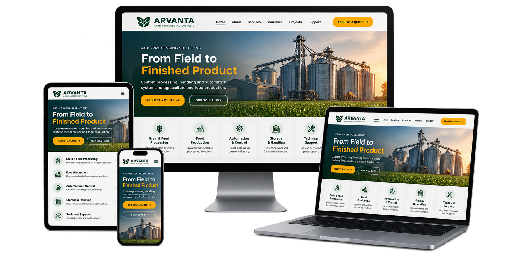 Arvanta Agri-Processing Systems fictional Norwich website shown across desktop laptop tablet and mobile devices