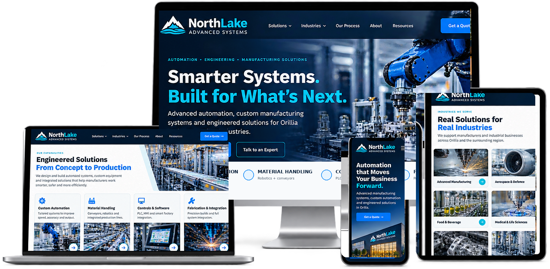 NorthLake Advanced Systems fictional Orillia manufacturing website shown across desktop laptop tablet and mobile devices