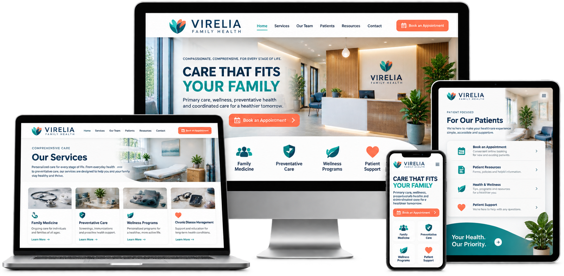 Virelia Family Health fictional Orléans healthcare website concept shown across desktop laptop tablet and mobile devices