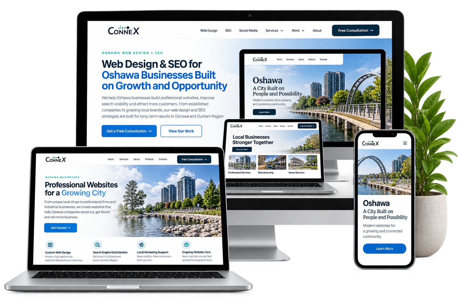 Oshawa web design and SEO concept displayed across desktop laptop and mobile devices