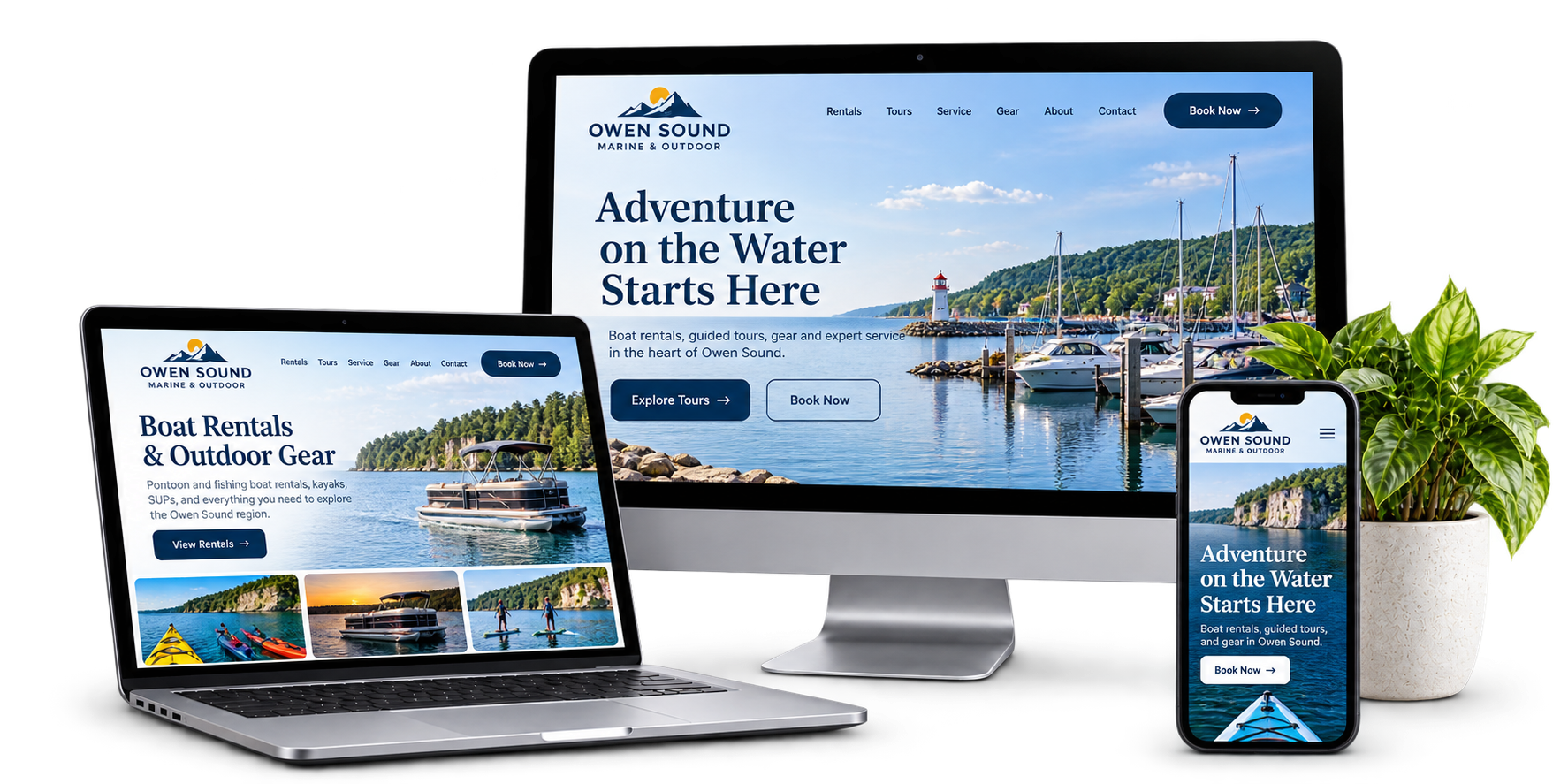 Owen Sound Marine and Outdoor fictional website concept shown across desktop laptop and mobile devices